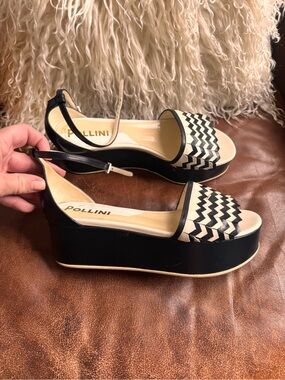 Pollini Two-Tone Black and Cream Leather Woven Platform Sandals